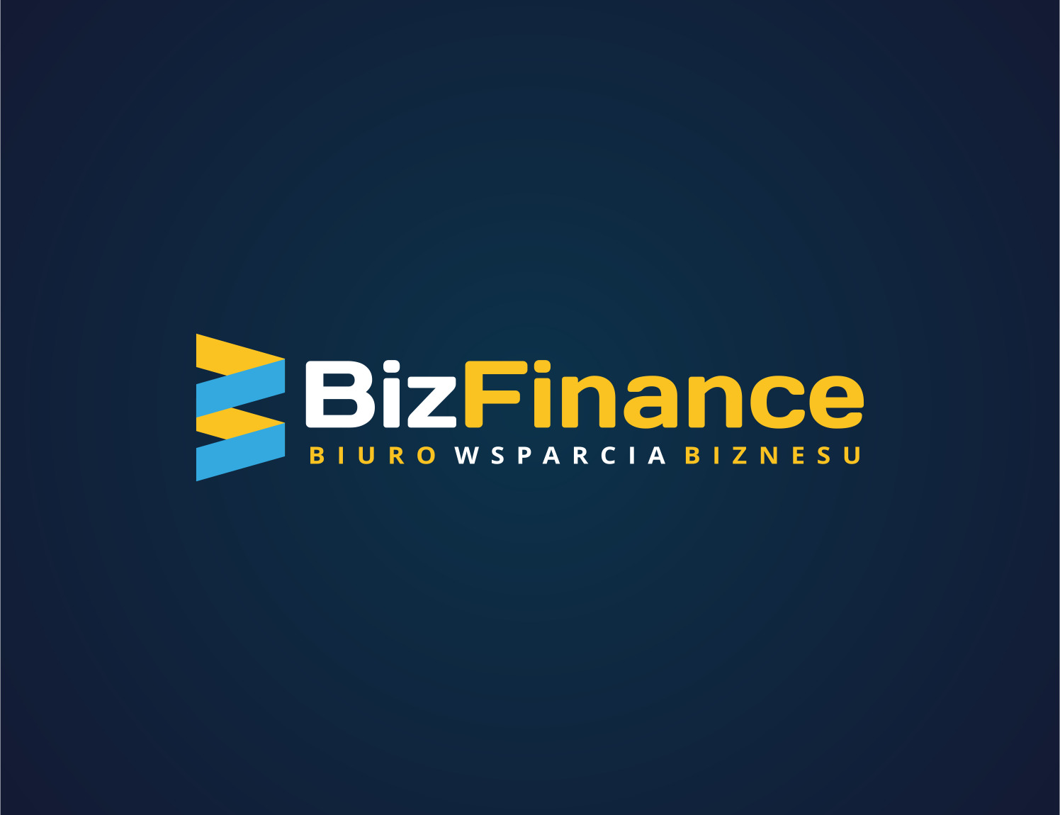 Logo firmy BizFinance: stylizowany symbol strzałek w kolorach żółtym i niebieskim, nazwa firmy w kolorze białym i żółtym, pod spodem napis 'BIURO WSPARCIA BIZNESU' na ciemnogranatowym tle.