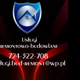Logo firmy remontowo-budowlanej z motywem domu w tarczy, numer telefonu 724-322-708 i adres e-mail uslugi.bud-remont@wp.pl na czarnym tle z czerwonymi akcentami.