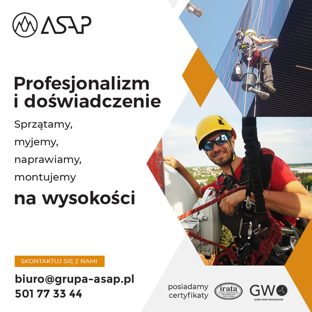 Grafika reklamowa firmy ASAP: Pracownik w żółtym kasku i okularach, zabezpieczony linami, uśmiecha się do kamery na tle panoramy miasta. W tle inny pracownik na wysokości, wykonujący prace...