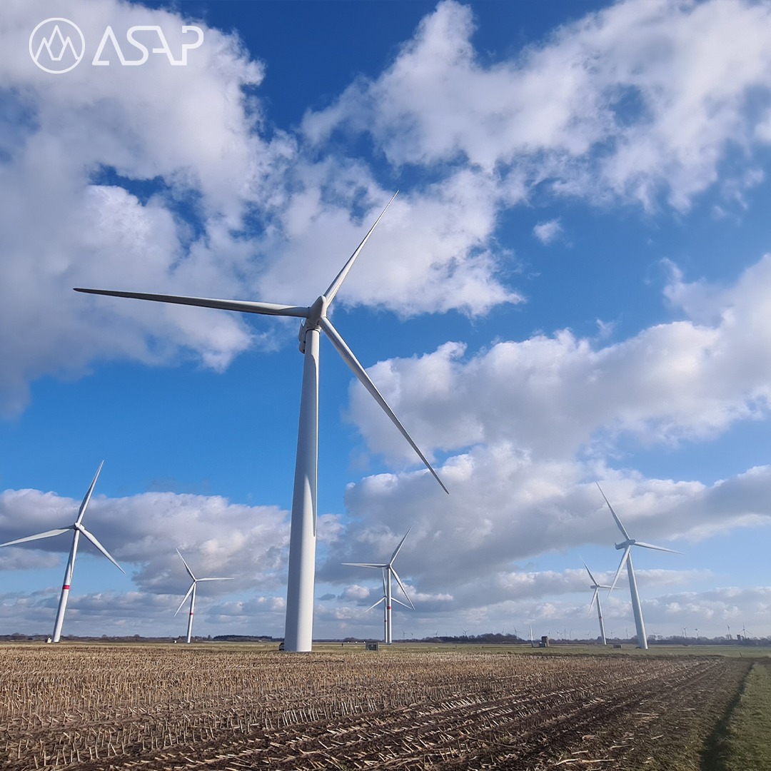 Grupa turbin wiatrowych na polu w słoneczny dzień z błękitnym niebem i białymi chmurami.