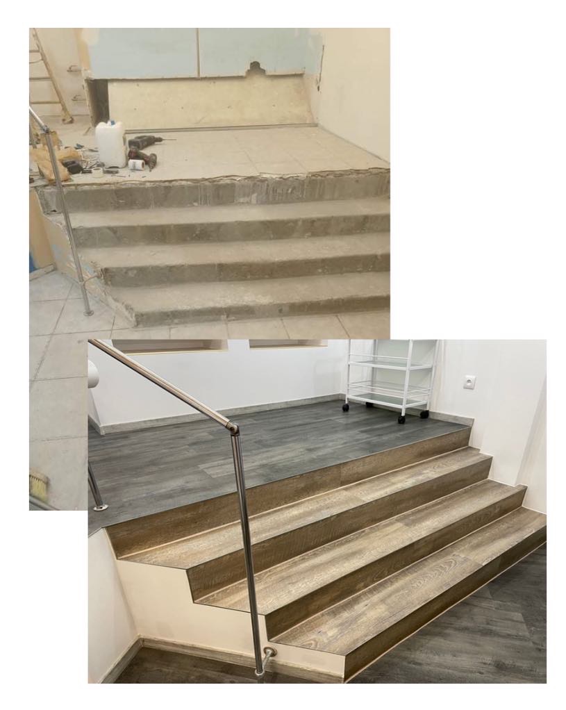 Porównanie stanu schodów przed i po renowacji: od surowego betonu z narzędziami do wykończonych panelami z drewnopodobnym wzorem i metalową barierką.