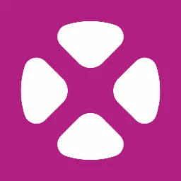 Abstrakcyjne logo: biały, czteroramienny kształt na fuksjowym tle, przypominający stylizowany kwiat lub symbol plusa z zaokrąglonymi końcami.
