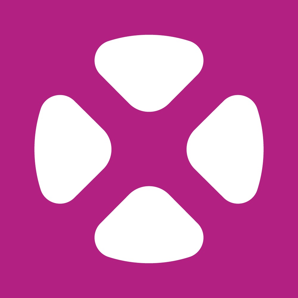 Abstrakcyjne logo: biały, czteroramienny kształt na fuksjowym tle, przypominający stylizowany kwiat lub symbol plusa z zaokrąglonymi końcami.