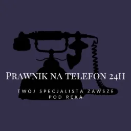 Sylwetka starego telefonu na fioletowym tle z napisem 'Prawnik na telefon 24h. Twój specjalista zawsze pod ręką.'