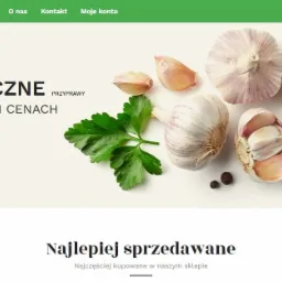 Strona internetowa sklepu spożywczego Food Good z hasłem 'Aromatyczne Przyprawy' i grafiką czosnku, pieprzu i natki pietruszki.