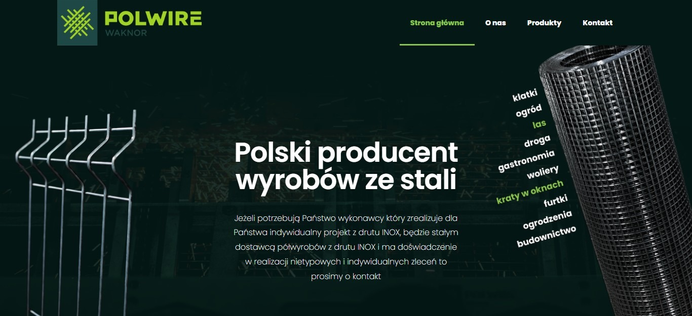 Strona internetowa producenta wyrobów ze stali Polwire Waknor, z widocznym logo, menu nawigacyjnym i zwiniętą rolką siatki ogrodzeniowej na tle strony.
