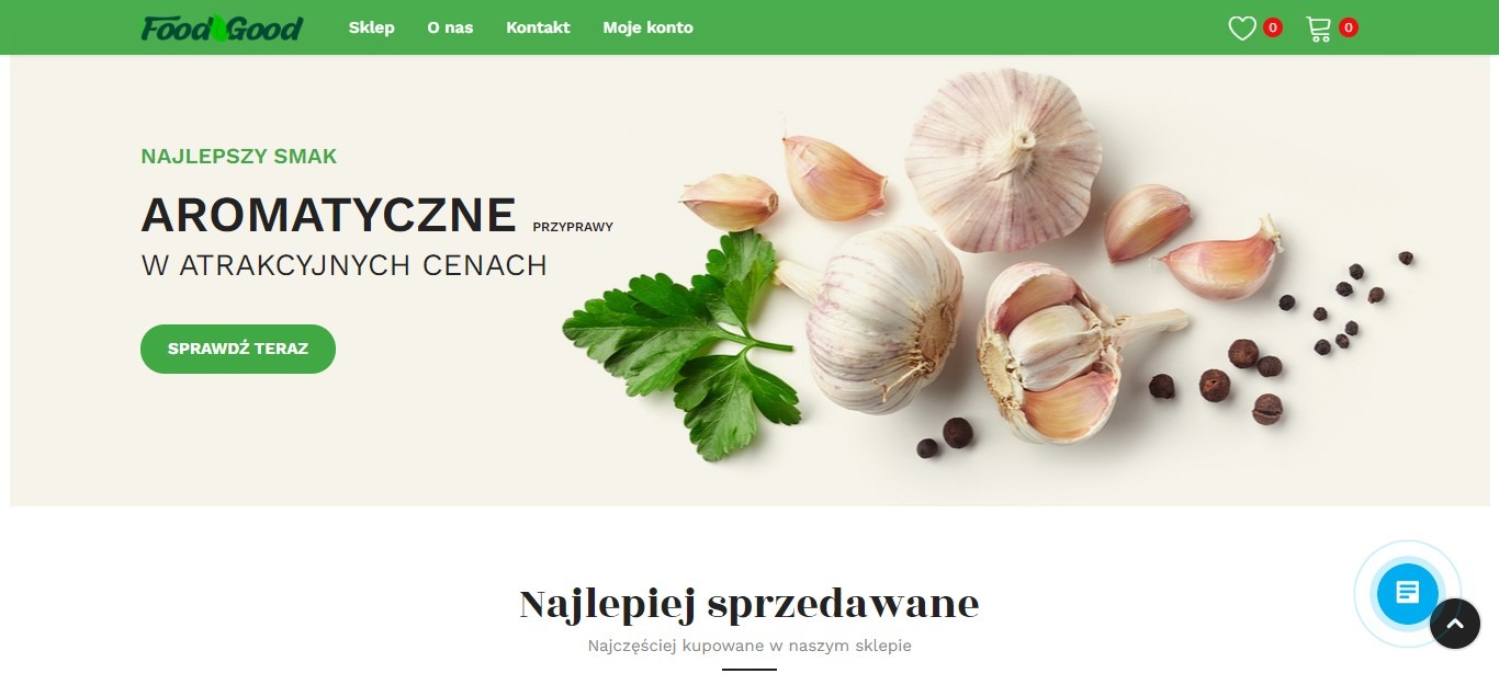 Strona internetowa sklepu spożywczego Food Good z hasłem 'Aromatyczne Przyprawy' i grafiką czosnku, pieprzu i natki pietruszki.
