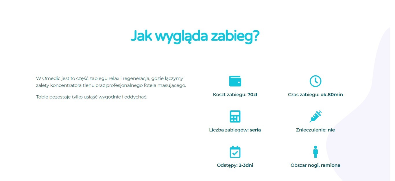 Infografika opisująca przebieg zabiegu w Omedic, z informacjami o kosztach, czasie trwania, liczbie zabiegów w serii, odstępach między zabiegami oraz obszarze ciała, na którym jest wykonywany,...