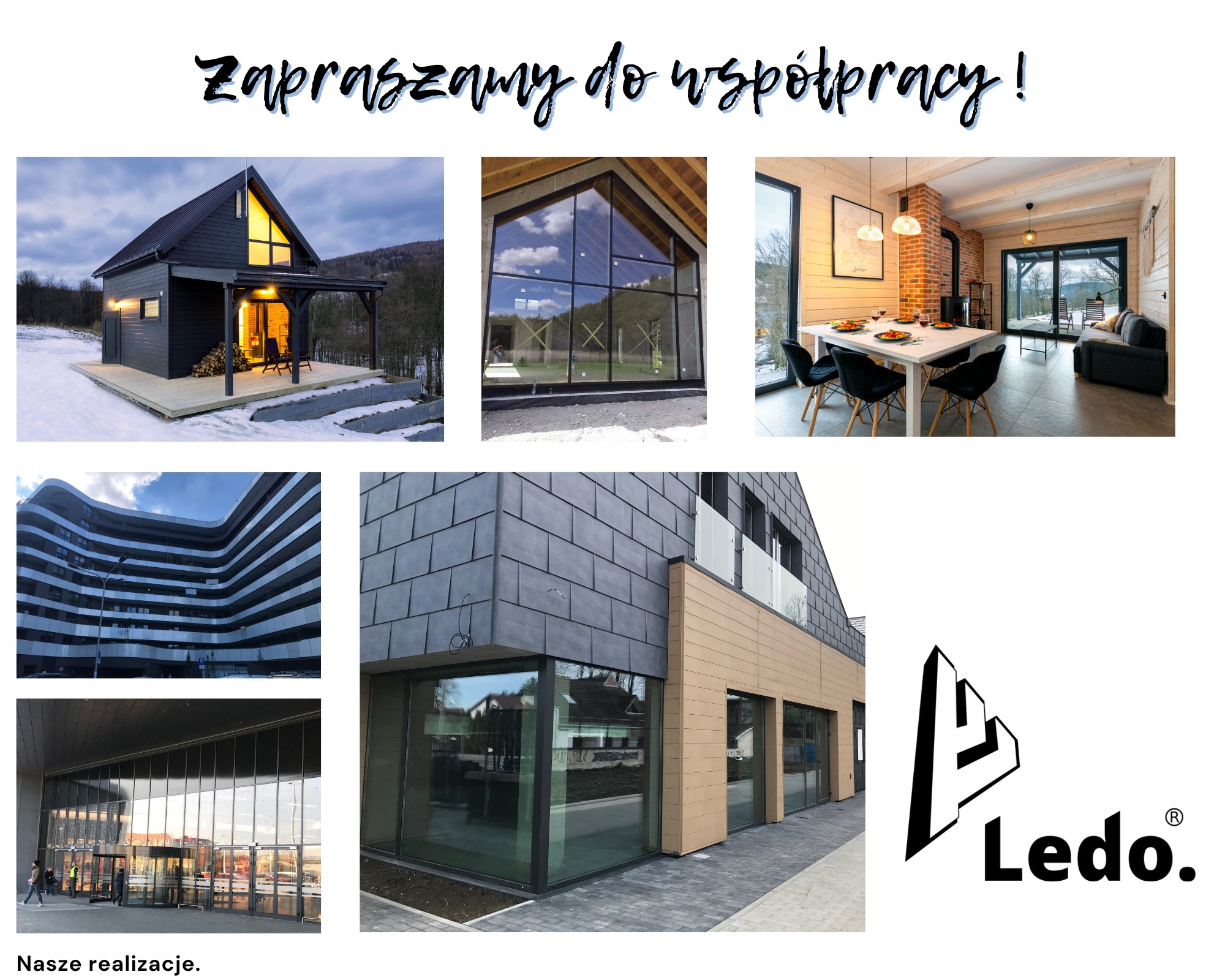 Kompozycja zdjęć prezentujących różne realizacje budowlane, w tym dom z ciemną elewacją na tle zimowego krajobrazu, wnętrze z dużymi przeszkleniami i nowoczesne budynki z elewacjami z płytek...