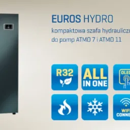 Kompaktowa szafa hydrauliczna Euroshydro do pomp ATMO 7 i ATMO 11, widoczne ikony R32, All in One, OLED, Wi-Fi Connect.