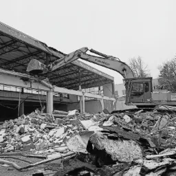 Żuraw wyburzeniowy Furukawa 645 z łyżką, w trakcie rozbiórki częściowo zburzonej hali przemysłowej, z widocznym stosem gruzu i elementów konstrukcyjnych.