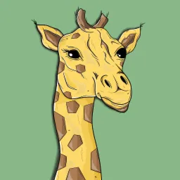 Ilustracja przedstawia portret żyrafy w stylu kreskówkowym na jednolitym, zielonym tle. Żyrafa ma żółtą sierść z brązowymi, geometrycznymi plamami. Kontury są czarne, a cieniowanie dodaje głębi.