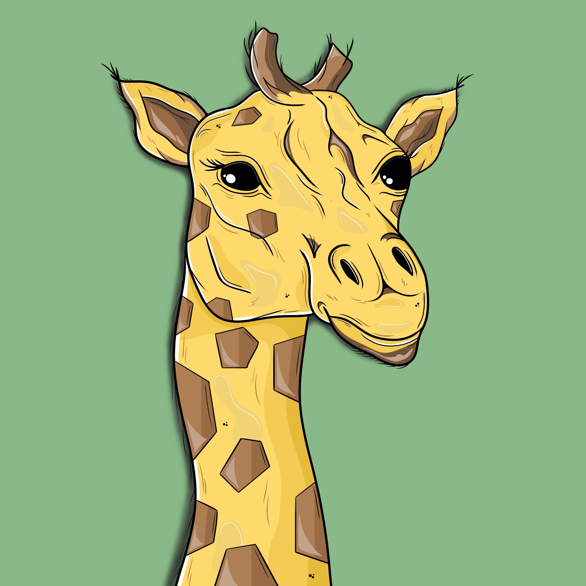 Ilustracja przedstawia portret żyrafy w stylu kreskówkowym na jednolitym, zielonym tle. Żyrafa ma żółtą sierść z brązowymi, geometrycznymi plamami. Kontury są czarne, a cieniowanie dodaje głębi.