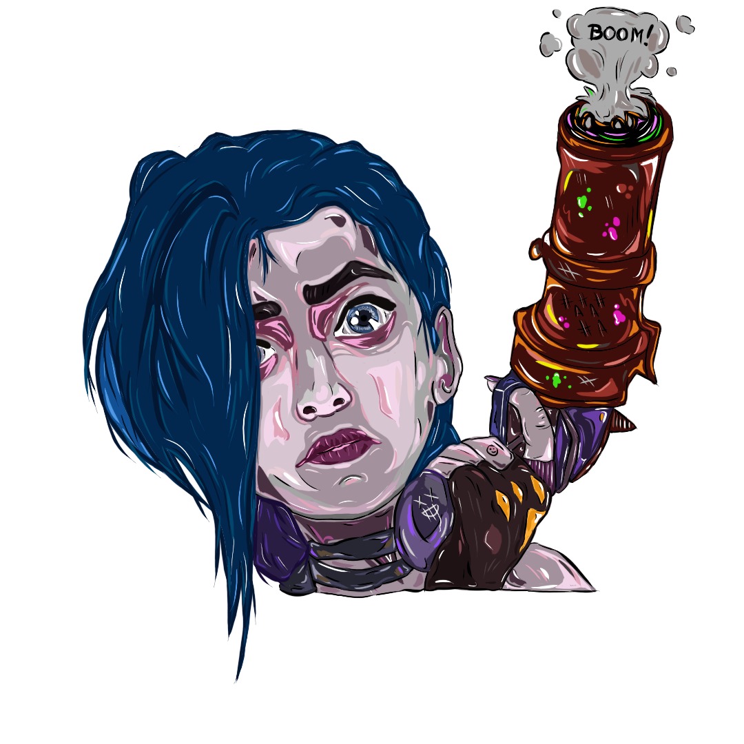 Ilustracja postaci z niebieskimi włosami trzymającej steampunkową broń, z dymem i napisem 'BOOM!'