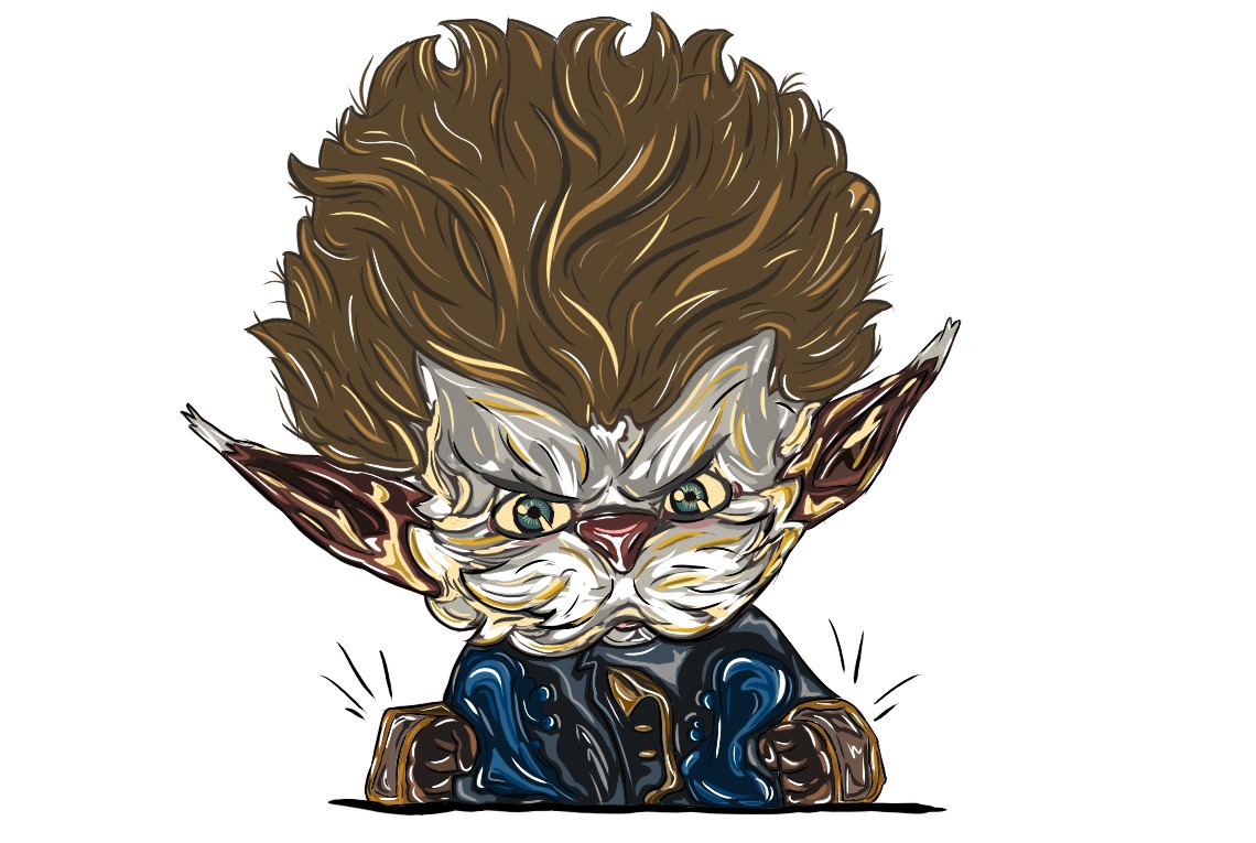 Ilustracja cyfrowa przedstawiająca antropomorficzną postać kota o groźnym wyrazie twarzy, z bujną brązową czupryną, ubrana w granatową marynarkę.