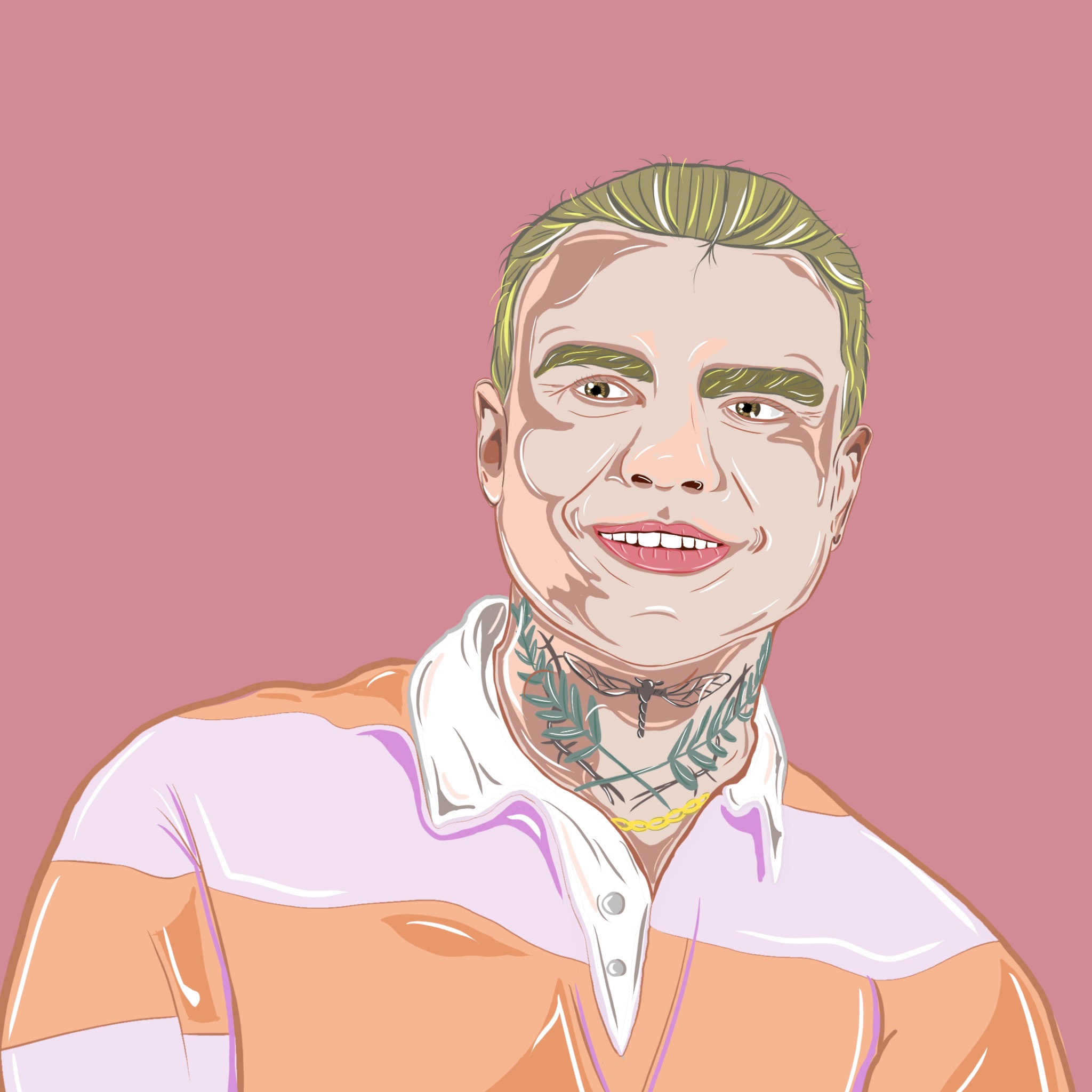 Ilustracja portretowa mężczyzny z tatuażami na szyi, uśmiechającego się, na różowym tle.