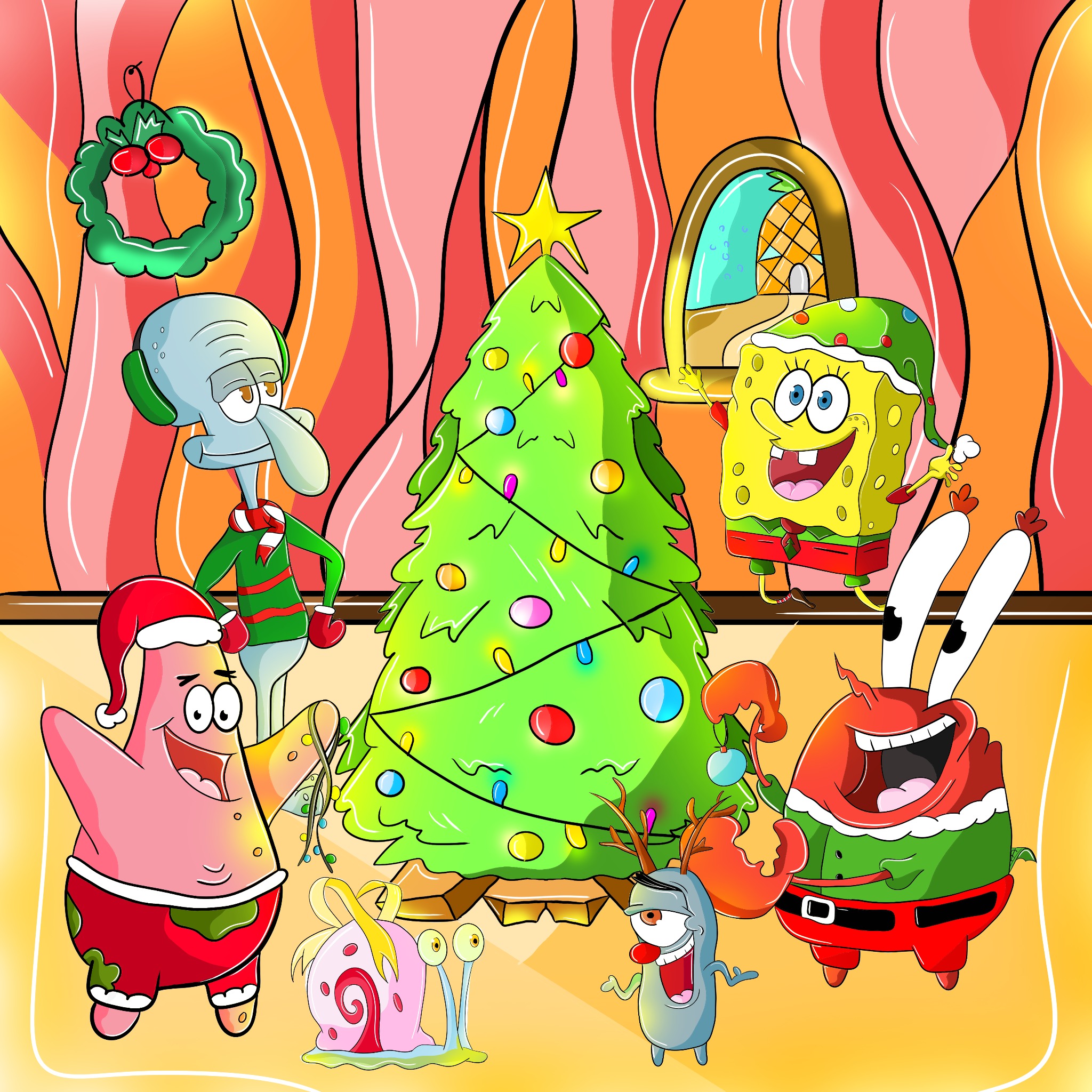 Ilustracja przedstawia postacie z kreskówki SpongeBob w świątecznym otoczeniu: SpongeBob, Patrick, Squidward, Mr. Krabs, Plankton i Gary, ubrani w świąteczne stroje, stojący wokół choinki...
