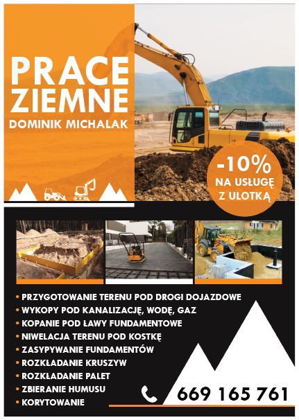Plakat reklamowy z żółtym koparką w trakcie prac ziemnych, oferta -10% na usługę z ulotką, przykłady wykonanych prac: przygotowanie terenu pod drogi dojazdowe, wykopy pod kanalizację, kopanie...