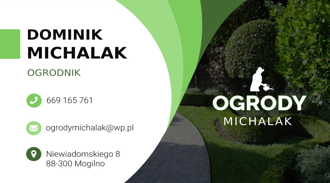 Wizytówka firmy ogrodniczej z zielonym motywem, zawierająca dane kontaktowe, adres, adres e-mail i numer telefonu, na tle stylizowanego ogrodu z sylwetką ogrodnika.