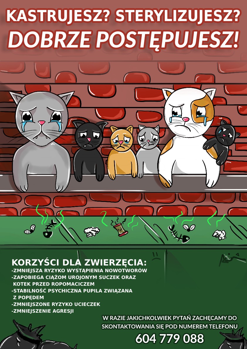 Ilustracja promująca kastrację i sterylizację zwierząt domowych, przedstawiająca smutne koty z płynącymi łzami, umieszczone nad listą korzyści zabiegu i numerem telefonu