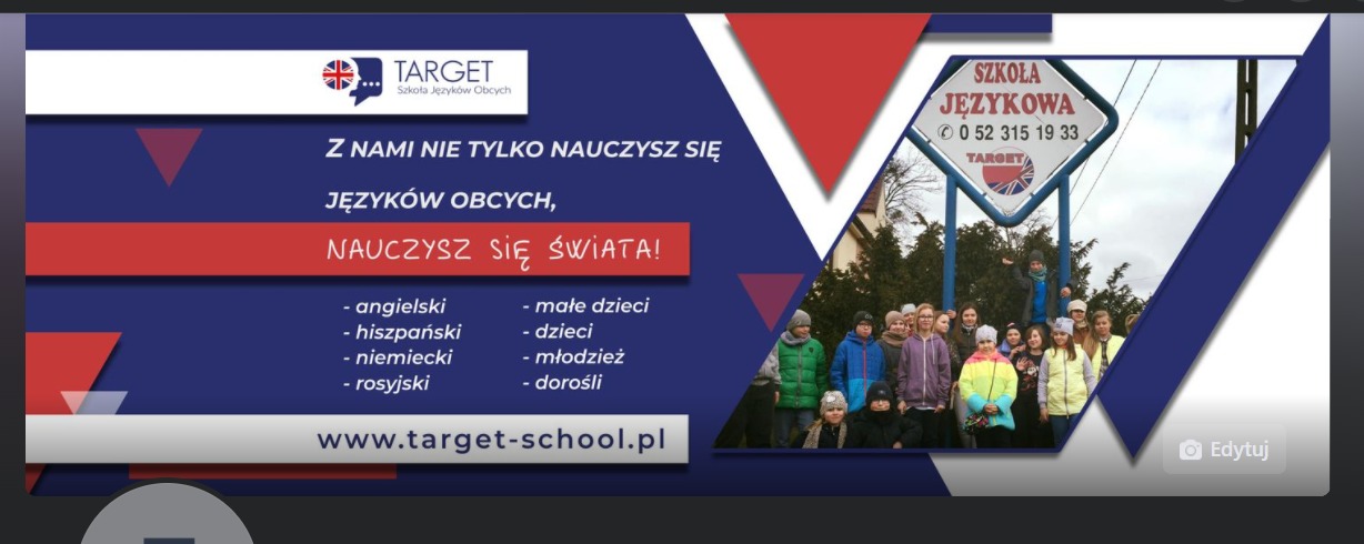 Reklama szkoły językowej Target z grupą uczniów przed budynkiem, logo szkoły w lewym górnym rogu, oferta kursów językowych i grup wiekowych po lewej stronie.