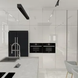 Nowoczesna, minimalistyczna kuchnia z białymi, lakierowanymi frontami, czarnym sprzętem AGD i szarym blatem, oświetlona listwami LED, z ekspozycją wina i naczyń.