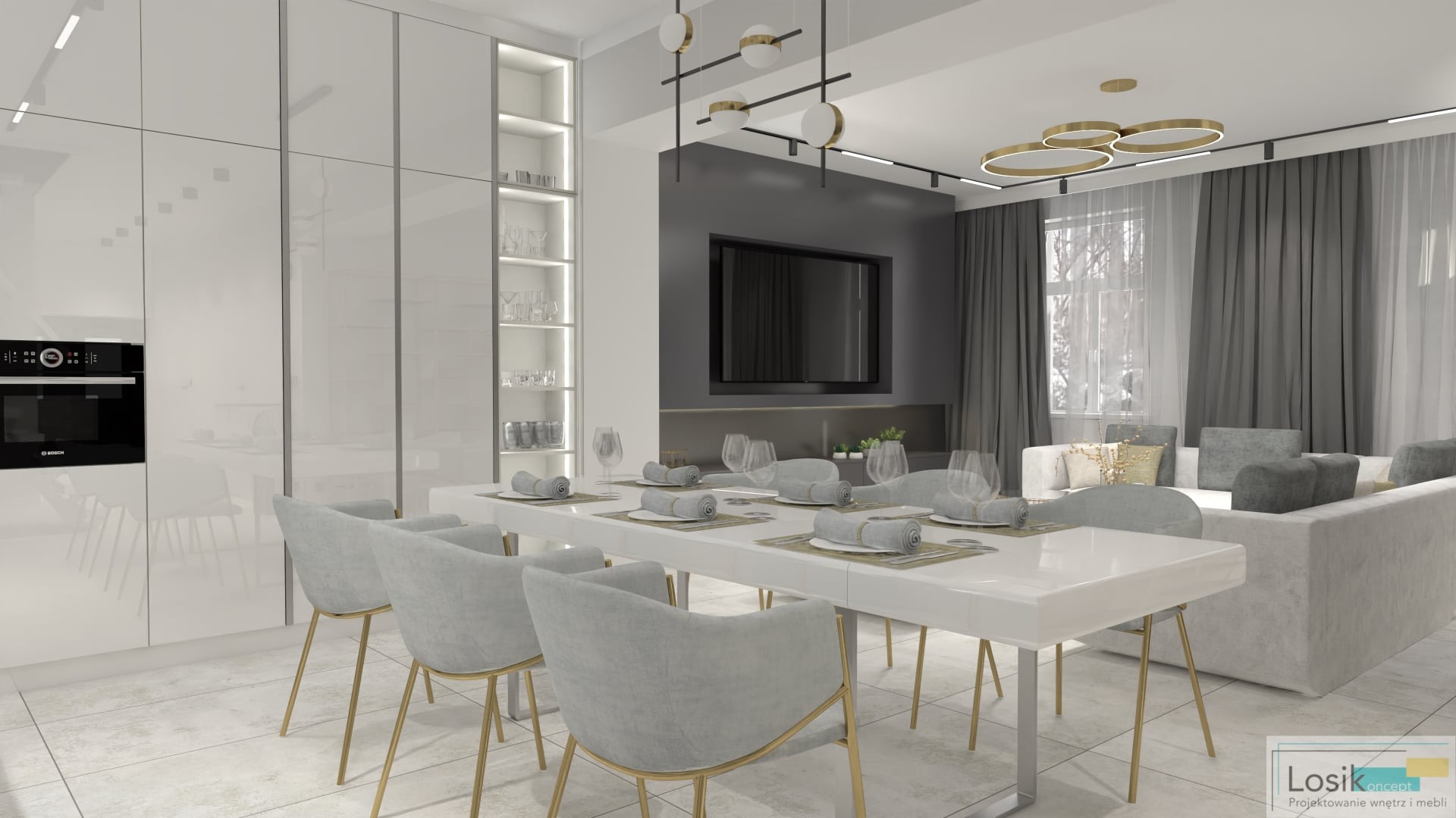 Nowoczesna jadalnia z białym stołem, krzesłami z szarym obiciem i złotymi nogami, na stole nakrycia, w tle salon z szarą sofą i telewizorem na ścianie, oświetlenie sufitowe w geometrycznym stylu.