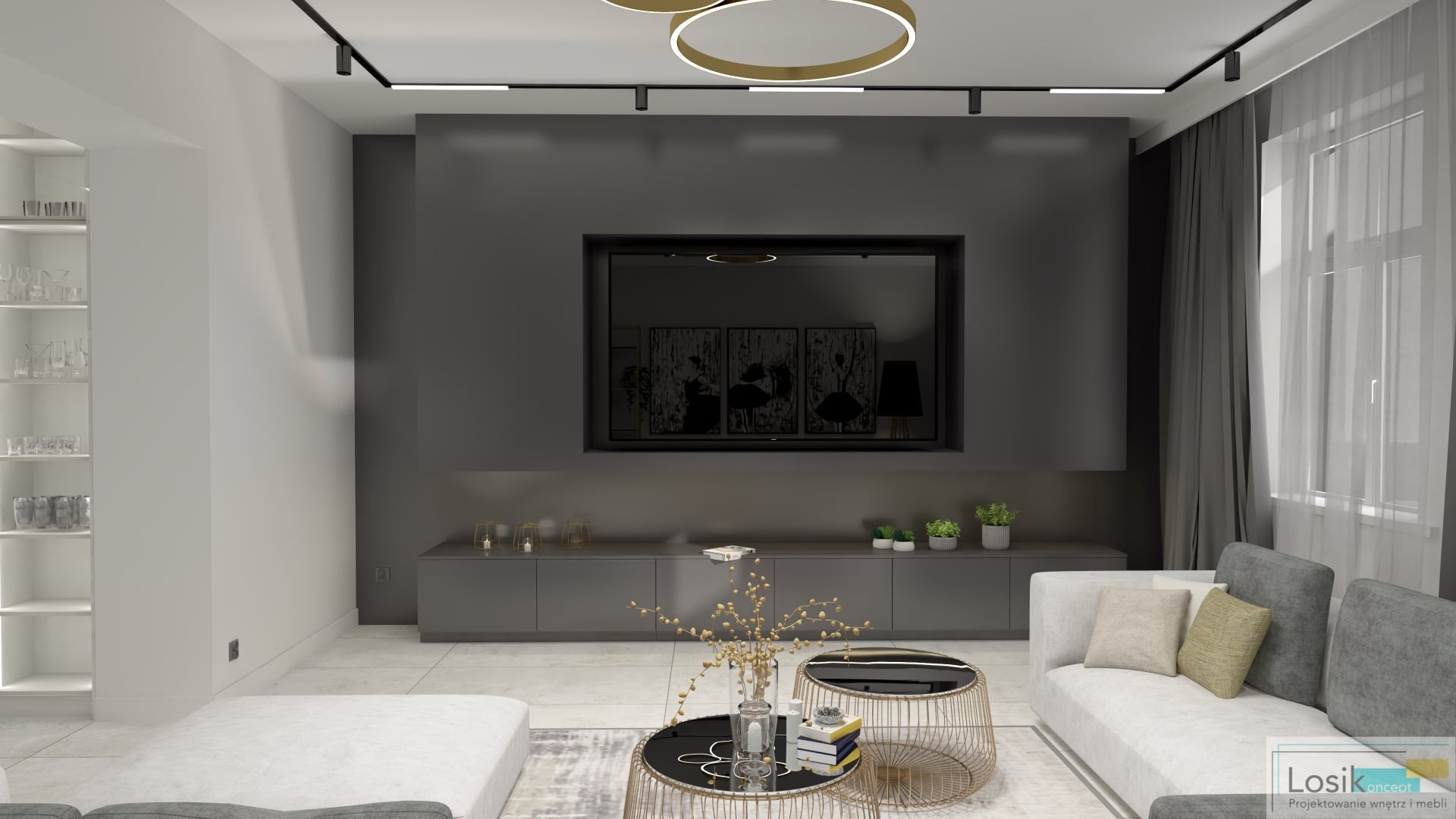 Wizualizacja salonu w odcieniach szarości z telewizorem w zabudowie, okrągłymi stolikami kawowymi z metalowymi nogami i białym narożnikiem.