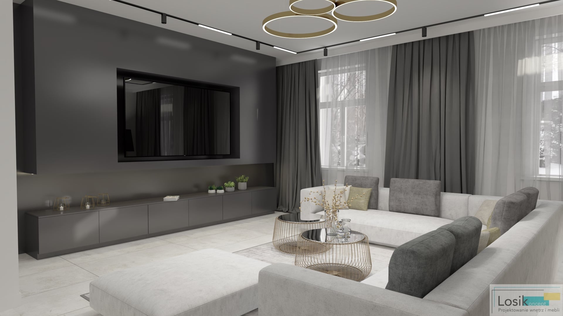 Nowoczesny salon w odcieniach szarości z dużym narożnikiem, okrągłymi stolikami kawowymi i minimalistyczną szafką RTV pod wiszącym telewizorem.