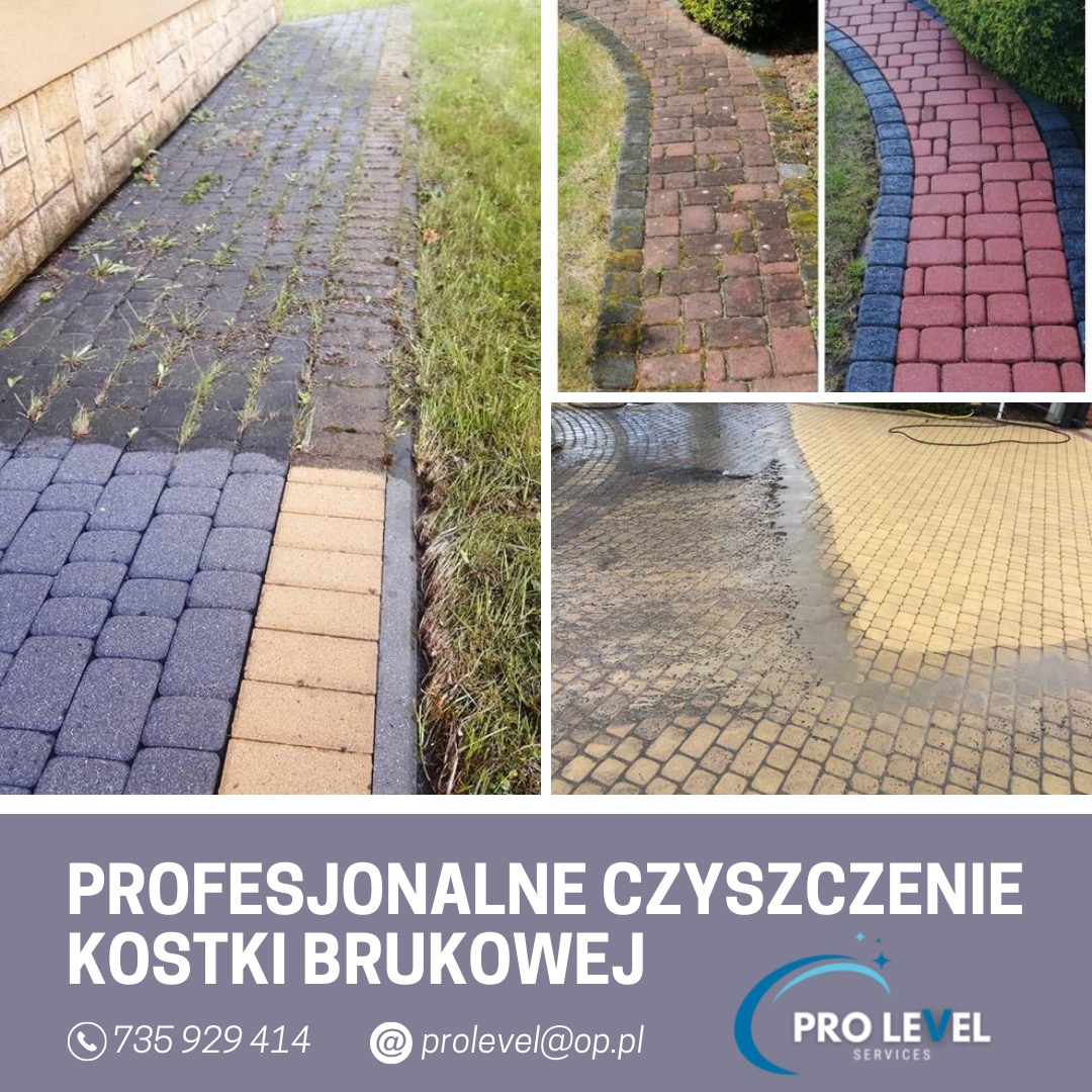 Porównanie kostki brukowej przed i po czyszczeniu: widoczne usunięte zabrudzenia, mech i chwasty, prezentacja efektów na różnych typach kostki brukowej.
