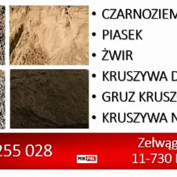 Kompozycja z czterech zdjęć: ziemia z kamieniami, piasek, drobne kamienie oraz ciemna ziemia, zestawione obok listy produktów i danych kontaktowych firmy Mikpol z Mikołajek.