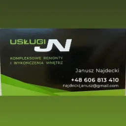 Wizytówka firmy remontowej z zielonym akcentem, prezentująca logo 'USŁUGI JN', ofertę kompleksowych remontów i wykończeń wnętrz oraz dane kontaktowe Janusz Najdecki.