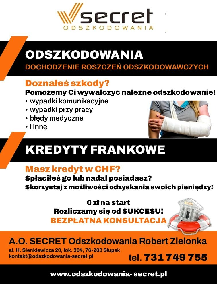 Baner informujący o dochodzeniu roszczeń odszkodowawczych i pomocy w kredytach frankowych. Darmowa konsultacja, rozliczenie od sukcesu. Kontakt i adres firmy.