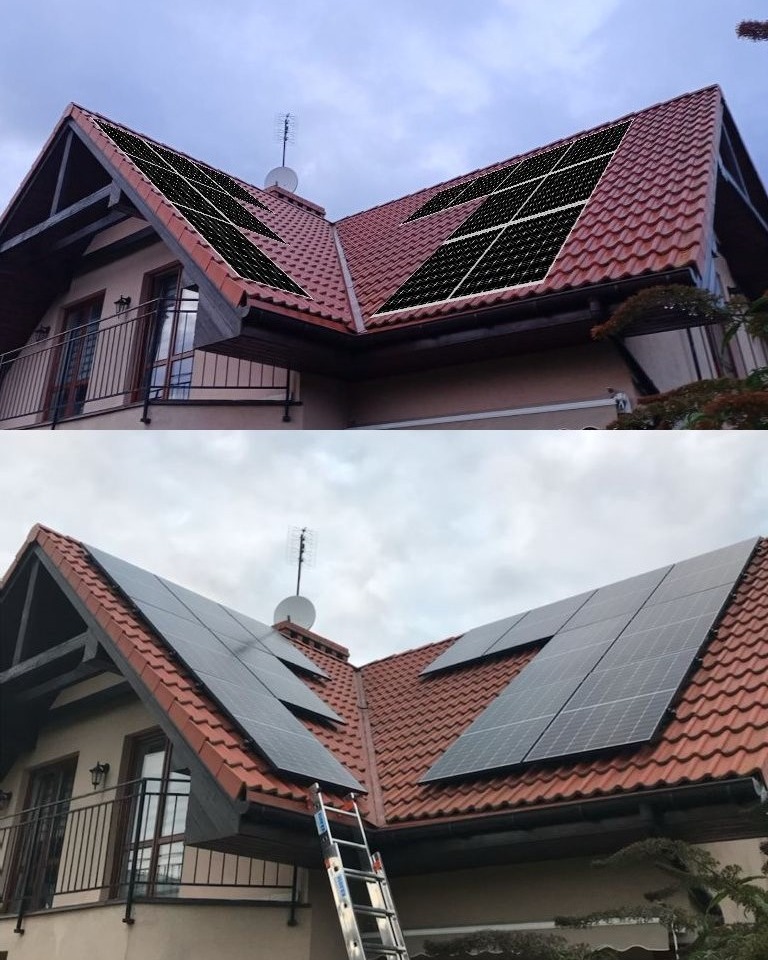 Porównanie wizualizacji 3D z rzeczywistą instalacją paneli słonecznych na dachu domu jednorodzinnego z czerwoną dachówką, widoczna drabina oparta o rynnę.