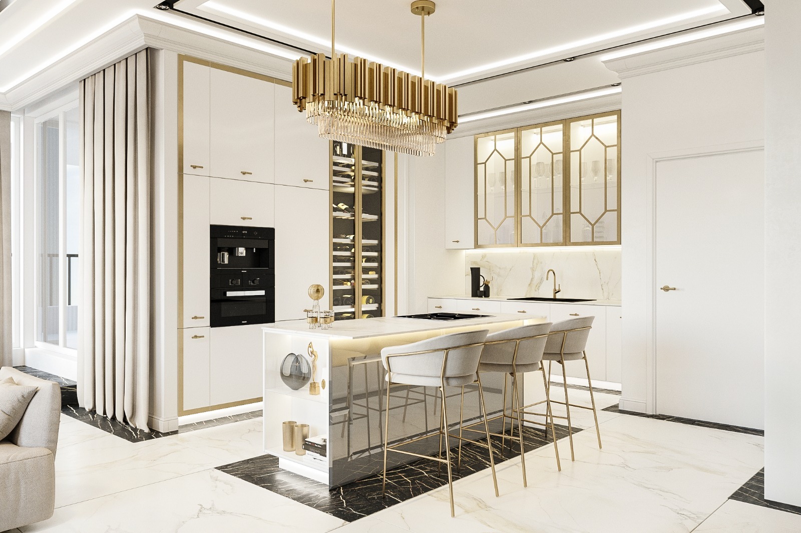 Elegancka kuchnia w bieli i złocie z wyspą kuchenną, nowoczesnym oświetleniem i marmurową podłogą z czarnymi akcentami.
