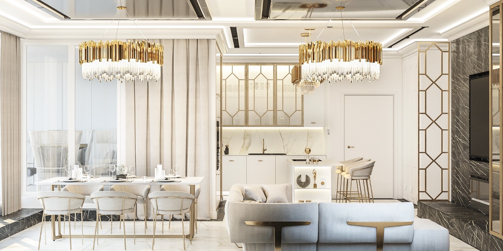 Eleganckie wnętrze: jadalnia z białym stołem i krzesłami, kuchnia z białymi szafkami i marmurowym blatem, złote akcenty w oświetleniu i dekoracjach, marmurowa ściana z telewizorem.