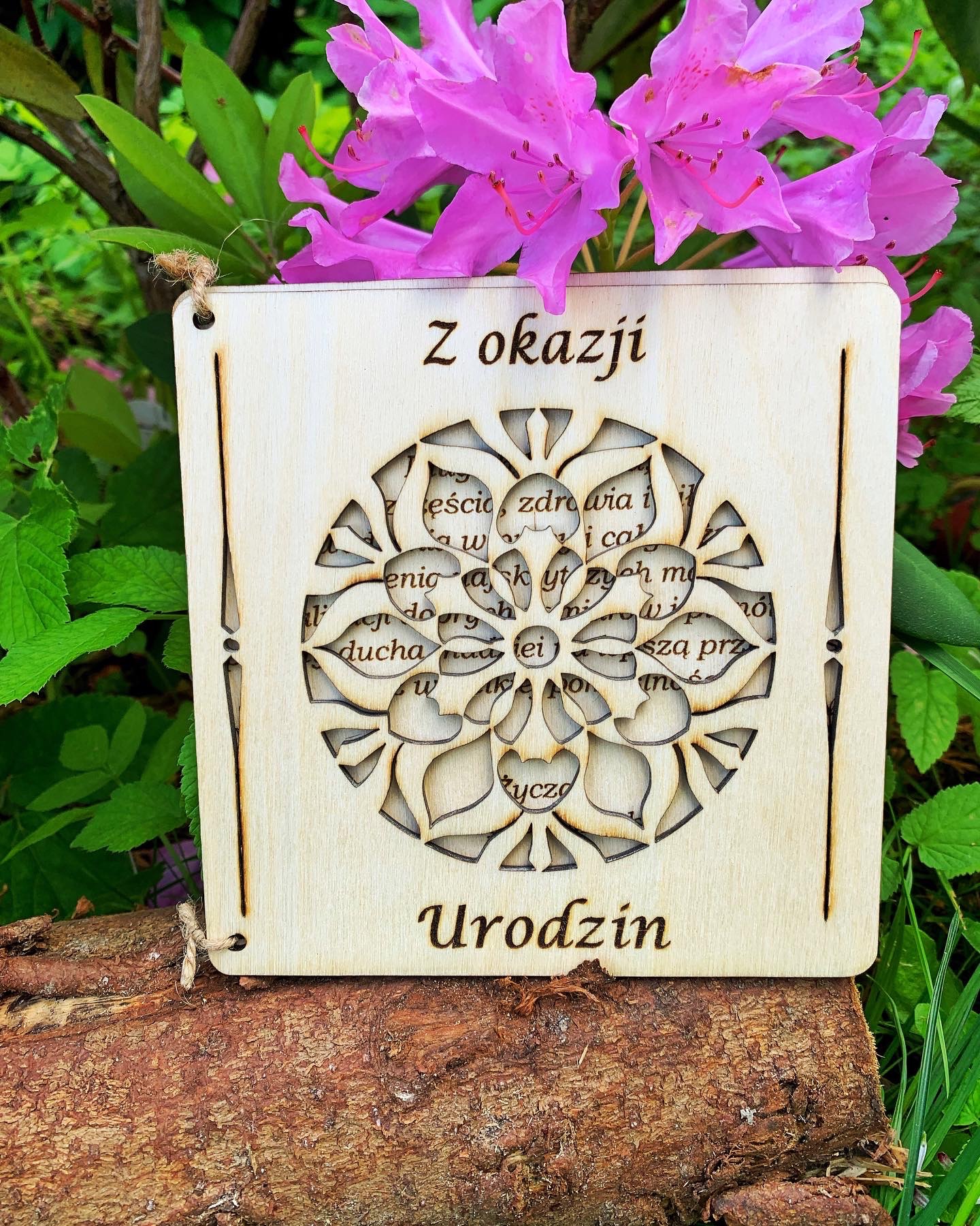 Drewniana kartka z wyciętym laserowo wzorem kwiatowym i napisem 'Z okazji Urodzin', oparta o kawałek kory drzewa, z kwitnącym krzewem w tle.