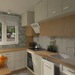 Wizualizacja kuchni z białymi szafkami, drewnianymi blatami, wzorzystą tapetą i oknem z widokiem na ulicę, na blacie misa z pomarańczami, czajnik i toster.