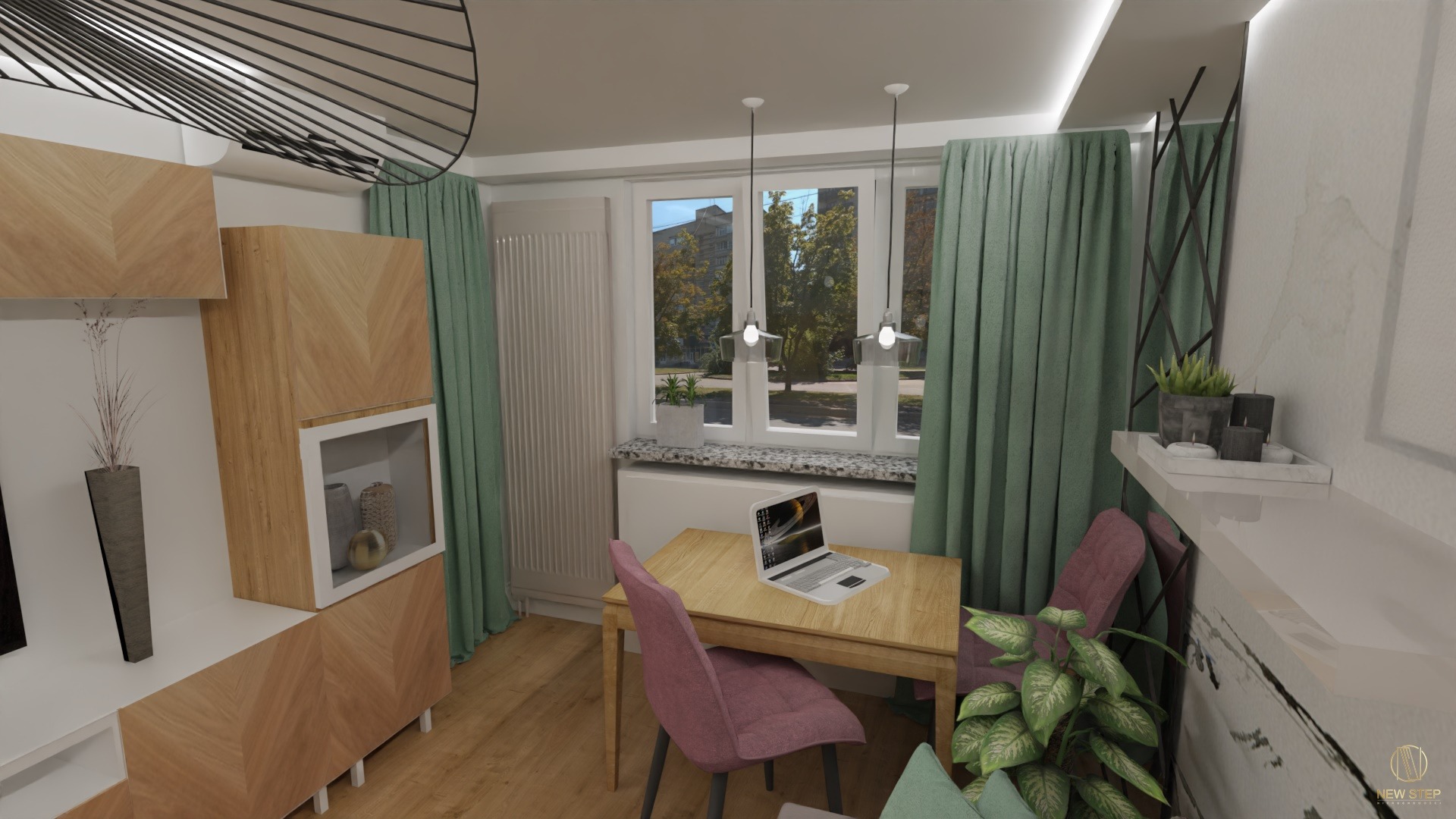 Wizualizacja pokoju dziennego z drewnianą zabudową, stołem z laptopem, różowymi krzesłami i zielonymi zasłonami, oświetlonego wiszącymi lampami.