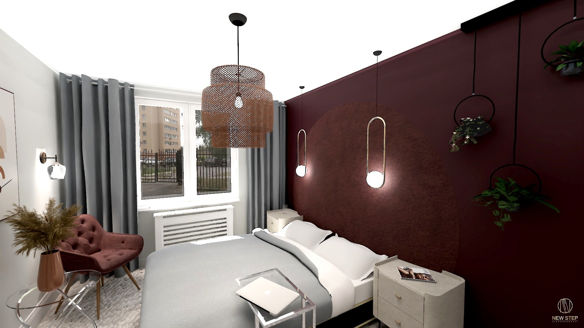 Wizualizacja sypialni z łóżkiem, stolikami nocnymi, lampami wiszącymi, krzesłem z poduszkami, zasłonami i dekoracjami roślinnymi na bordowej ścianie.
