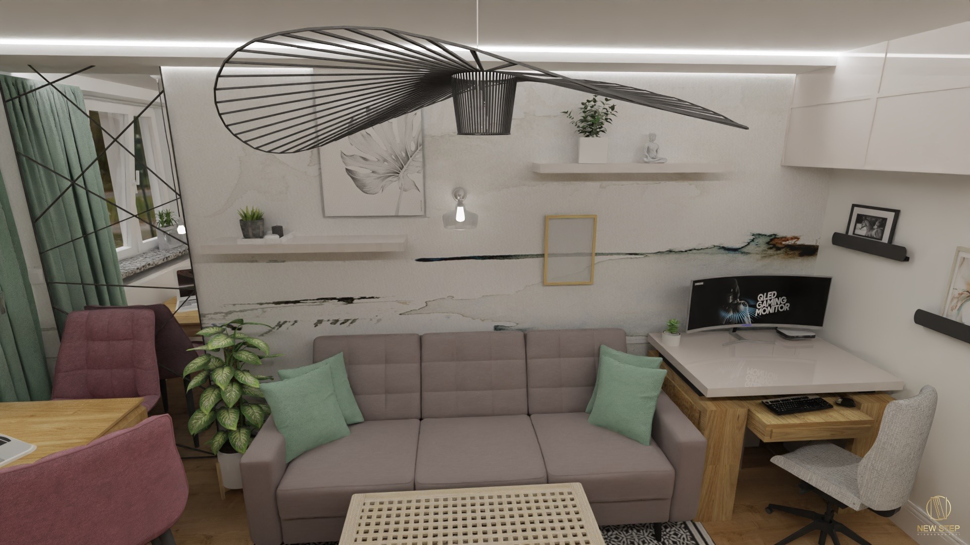 Wizualizacja pokoju dziennego z miejscem do pracy: szara sofa z zielonymi poduszkami, biurko z monitorem QLED, designerska lampa sufitowa przypominająca wachlarz, dekoracyjna ściana z półkami...