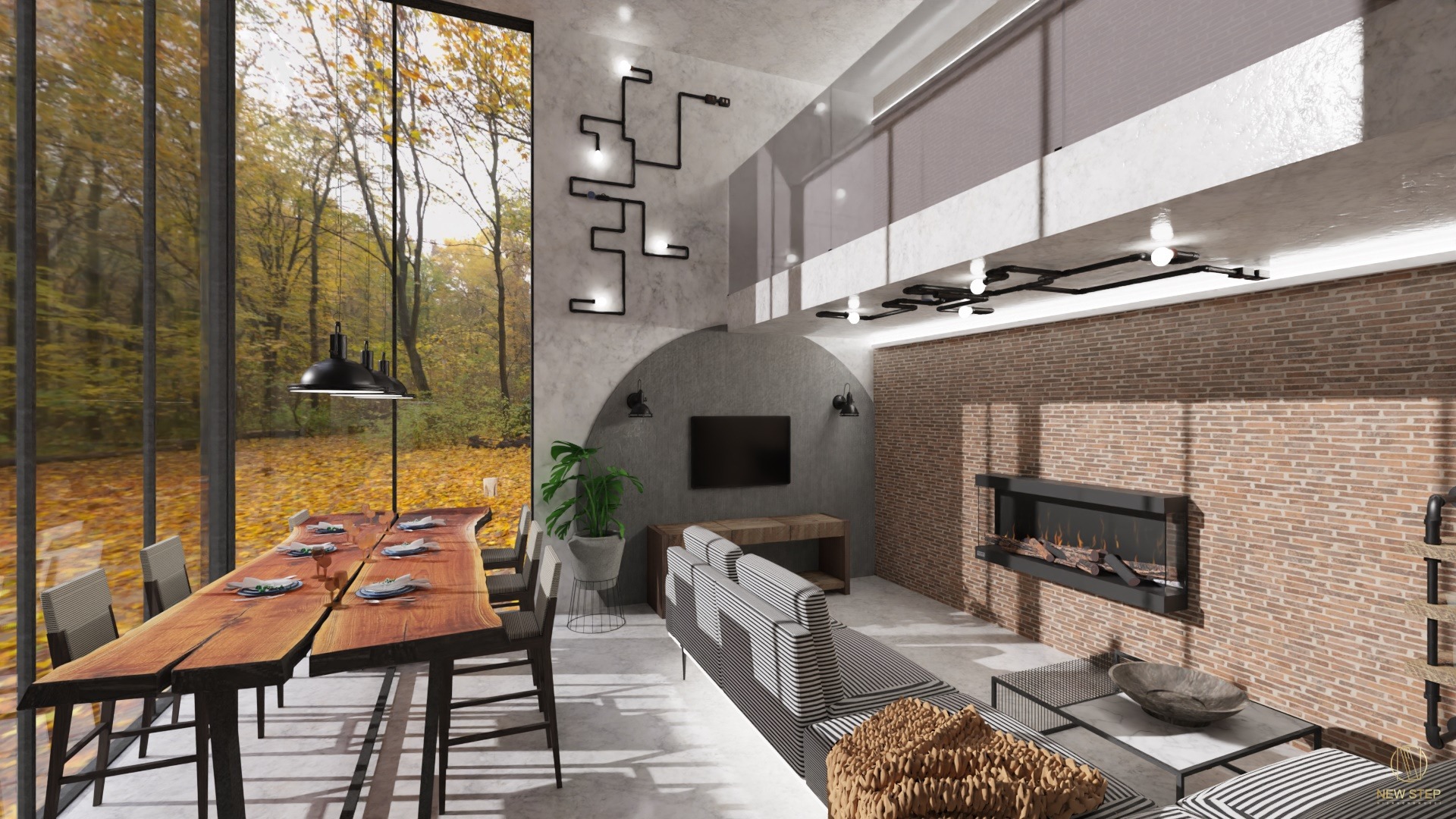 Wnętrze przestronnego loftu z widokiem na jesienny las, z drewnianym stołem z surowym brzegiem, nowoczesnym oświetleniem rurowym na ścianie i ceglanym kominkiem.