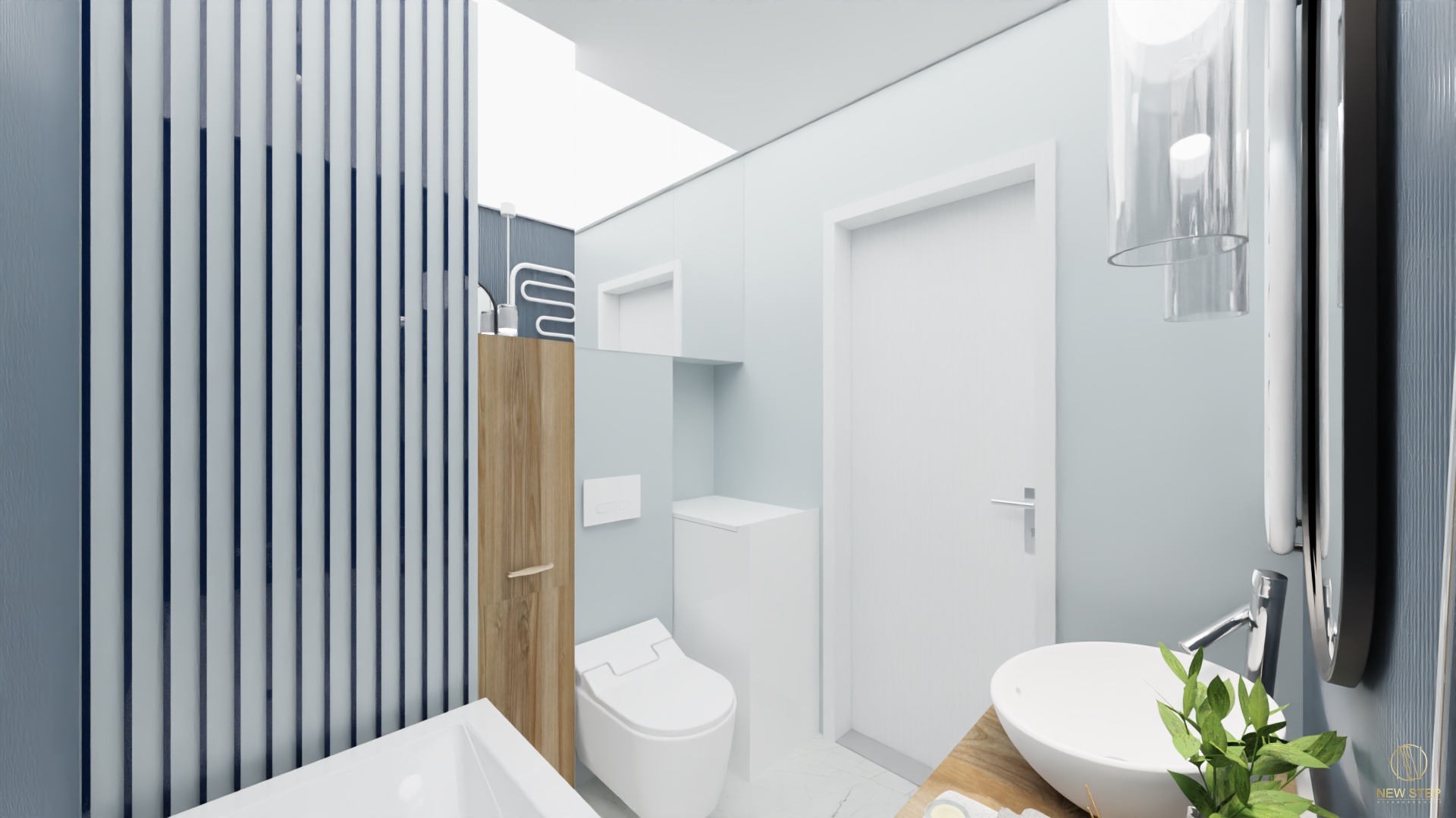 Wizualizacja nowoczesnej łazienki z drewnianą szafką, umywalką nablatową, toaletą w zabudowie i dekoracyjną ścianą z pionowych listew w odcieniach błękitu i bieli.