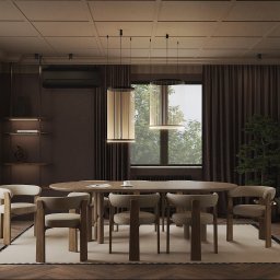 Pina-Studio.pl Natalia Piątkowska - Stylowa jadalnia w brązach: okrągły stół z krzesłami, designerskie lampy wiszące, parkiet w jodełkę i okno z widokiem na zieleń. Eleganckie i przytulne wnętrze.