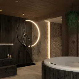 Nowoczesna łazienka z drewnianymi panelami, okrągłą wanną i podświetlaną dekoracją. Minimalistyczny design z roślinami doniczkowymi.