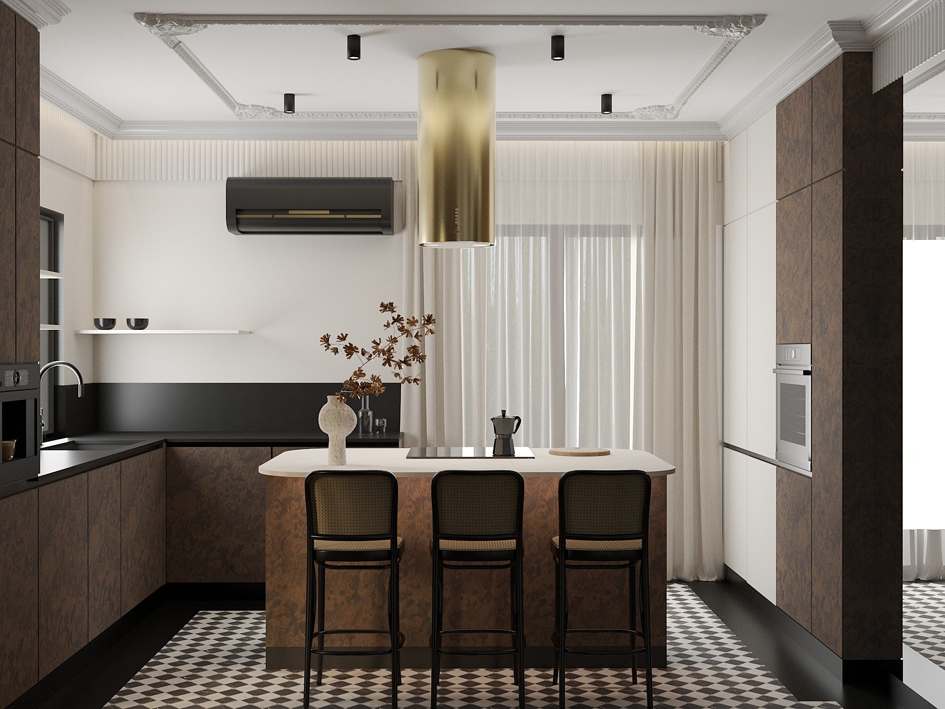 Nowoczesna kuchnia z wyspą, brązowe szafki z unikalnym wzorem, złoty okap cylindryczny, szachownica na podłodze, eleganckie krzesła barowe i stonowana kolorystyka.