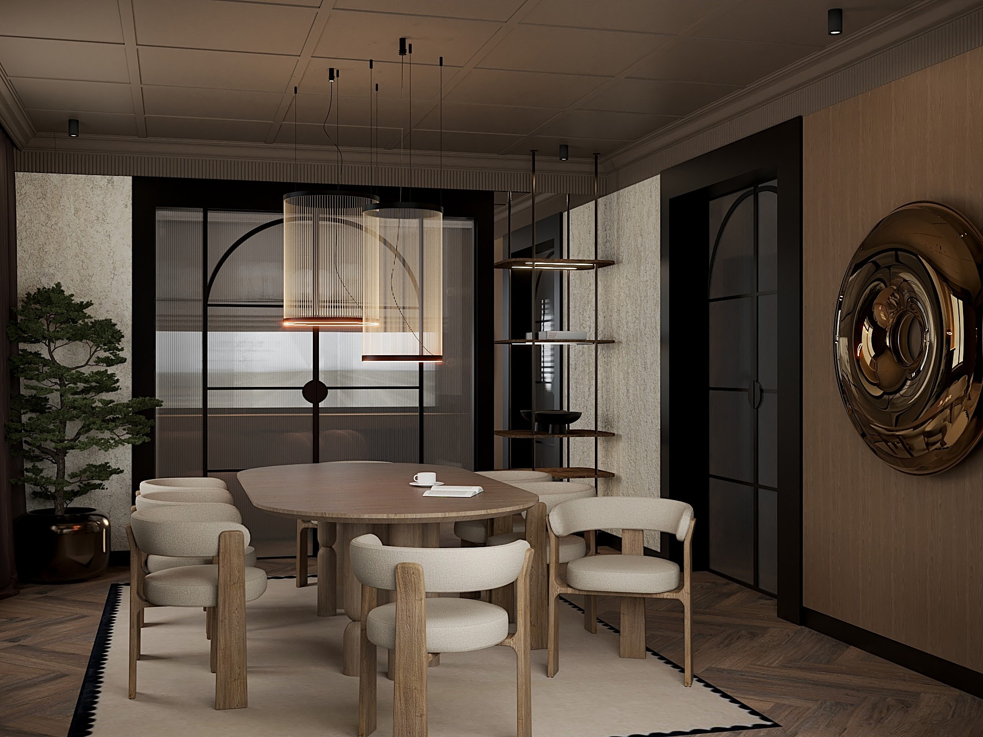 Elegancka jadalnia: drewniany stół z krzesłami, designerskie lampy wiszące i dekoracyjny, złoty element na ścianie. W tle widoczna zieleń roślin w donicy.