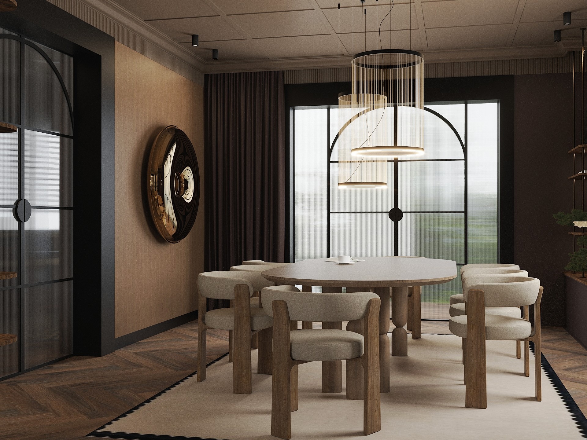 Elegancka jadalnia we Wrocławiu: okrągły stół, krzesła z drewnianymi nogami, designerskie lampy wiszące i dekoracja ścienna w złotym kolorze.