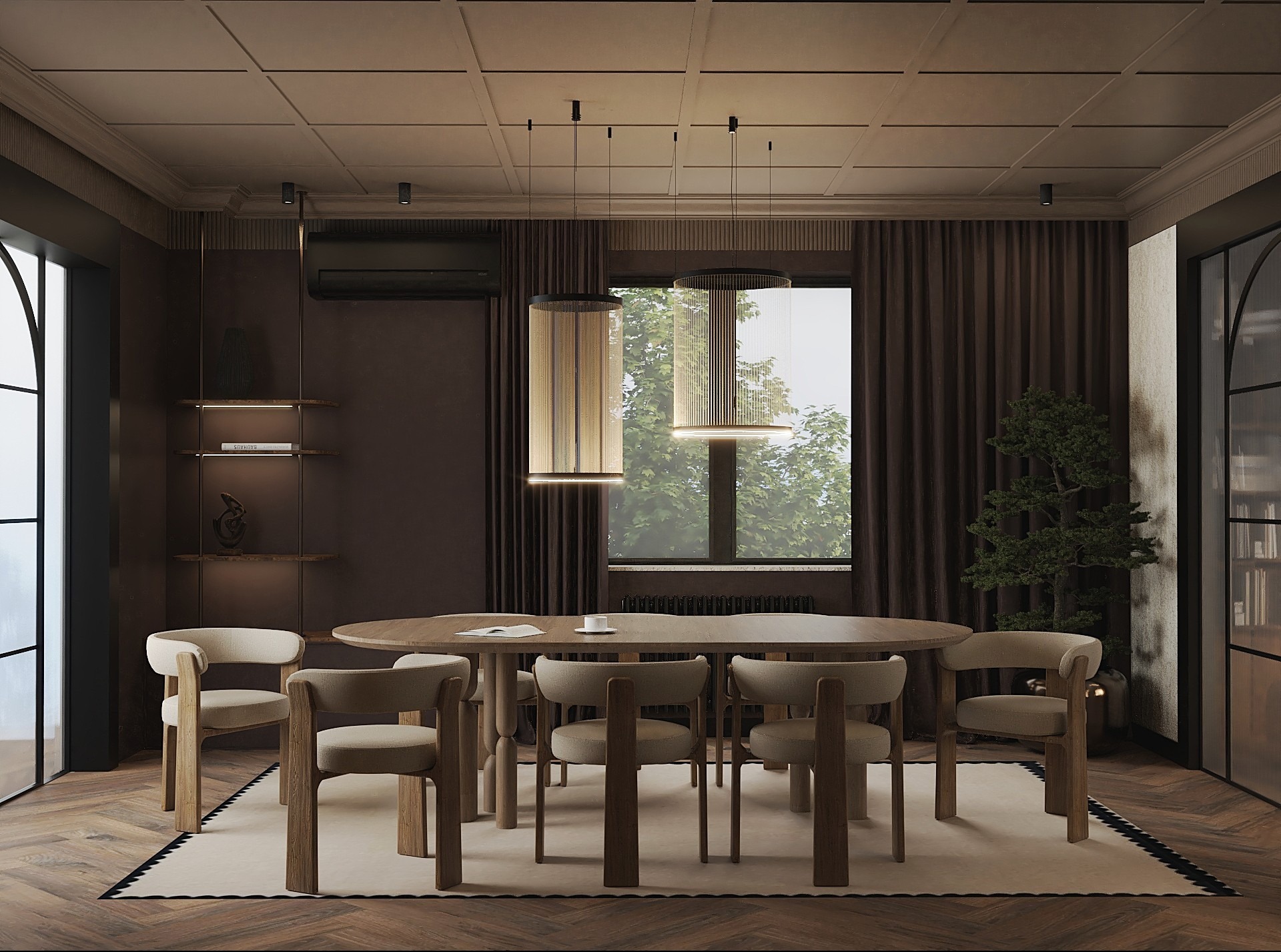 Stylowa jadalnia w brązach: okrągły stół z krzesłami, designerskie lampy wiszące, parkiet w jodełkę i okno z widokiem na zieleń. Eleganckie i przytulne wnętrze.