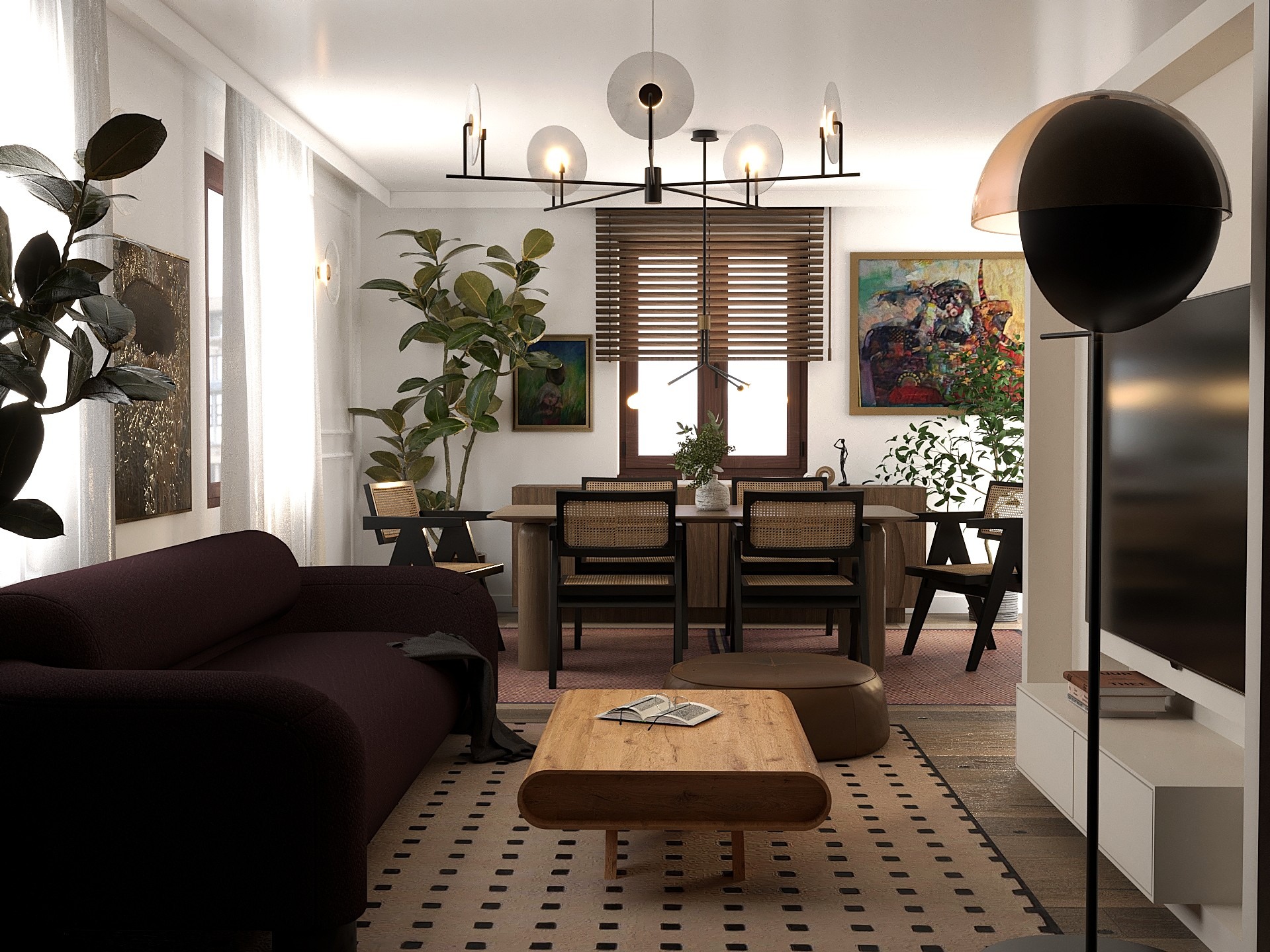 Stylowy salon z burgundową sofą, drewnianym stolikiem kawowym i jadalnią w tle. Nowoczesny żyrandol, rośliny doniczkowe i obrazy dodają wnętrzu charakteru.